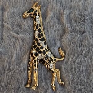 VTG 80s Craft Gold Tone Metal Black Enamel Glass Rhinestone Giraffe Pin Brooch